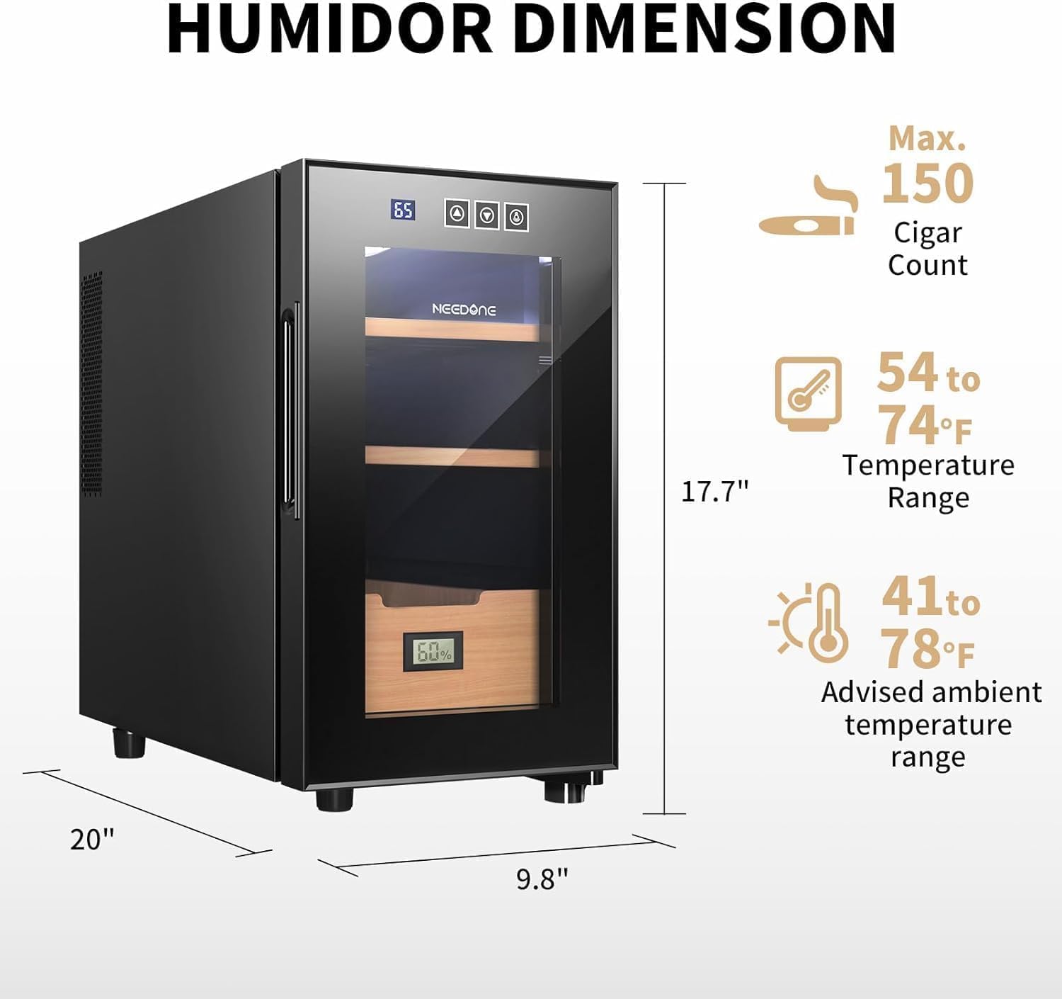 NEEDONE Electric Humidor 23L with Heating and Cooling Quiet Control System, Thermostatic Cooler Cabinet for 150 Counts with Spanish Cedar Wood Shelves & Drawer with Hygrometer, Gift for Men