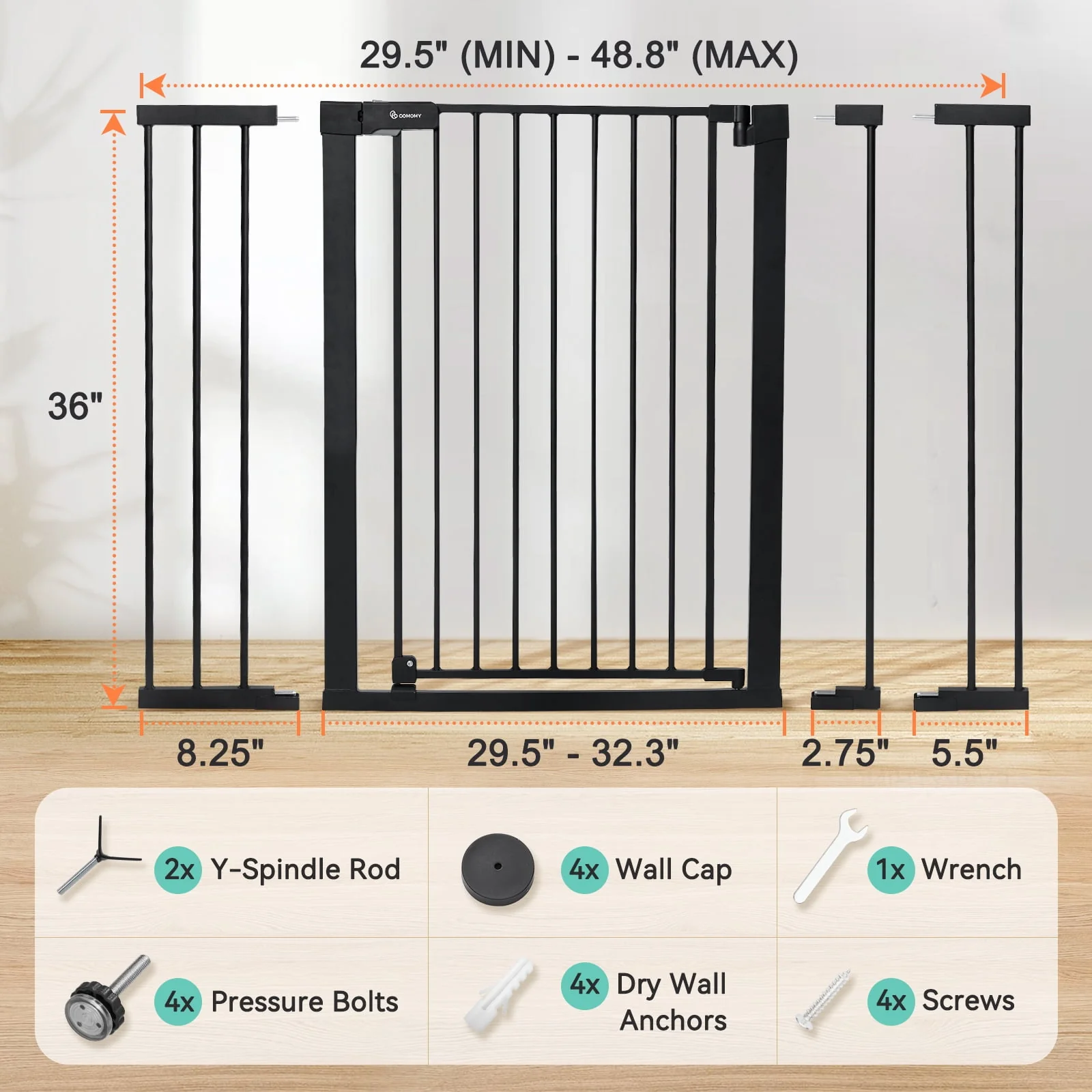 Baby Gate, 36'' Extra Tall 29.5-48.8'' Wide Toddler Gates for Doorway Stairs
