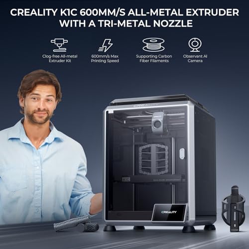 Creality K1C 3D Printer, 2024 New Version 600mm/s High-Speed Auto Leveling Clog-Free Robust Direct Extruder K1 Upgrade 3D Printer with AI Camera 300°C Printing Support Carbon Fiber Filaments