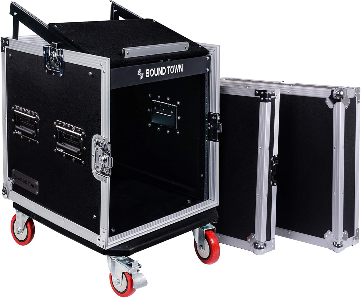 Sound Town 14U PA DJ Rack/Road ATA Case with 11U Slant Mixer Top, 20���� Rackable Depth, DJ Work Table and Casters, 14 Space Size, Pro Tour Grade (STMR-14UWT)