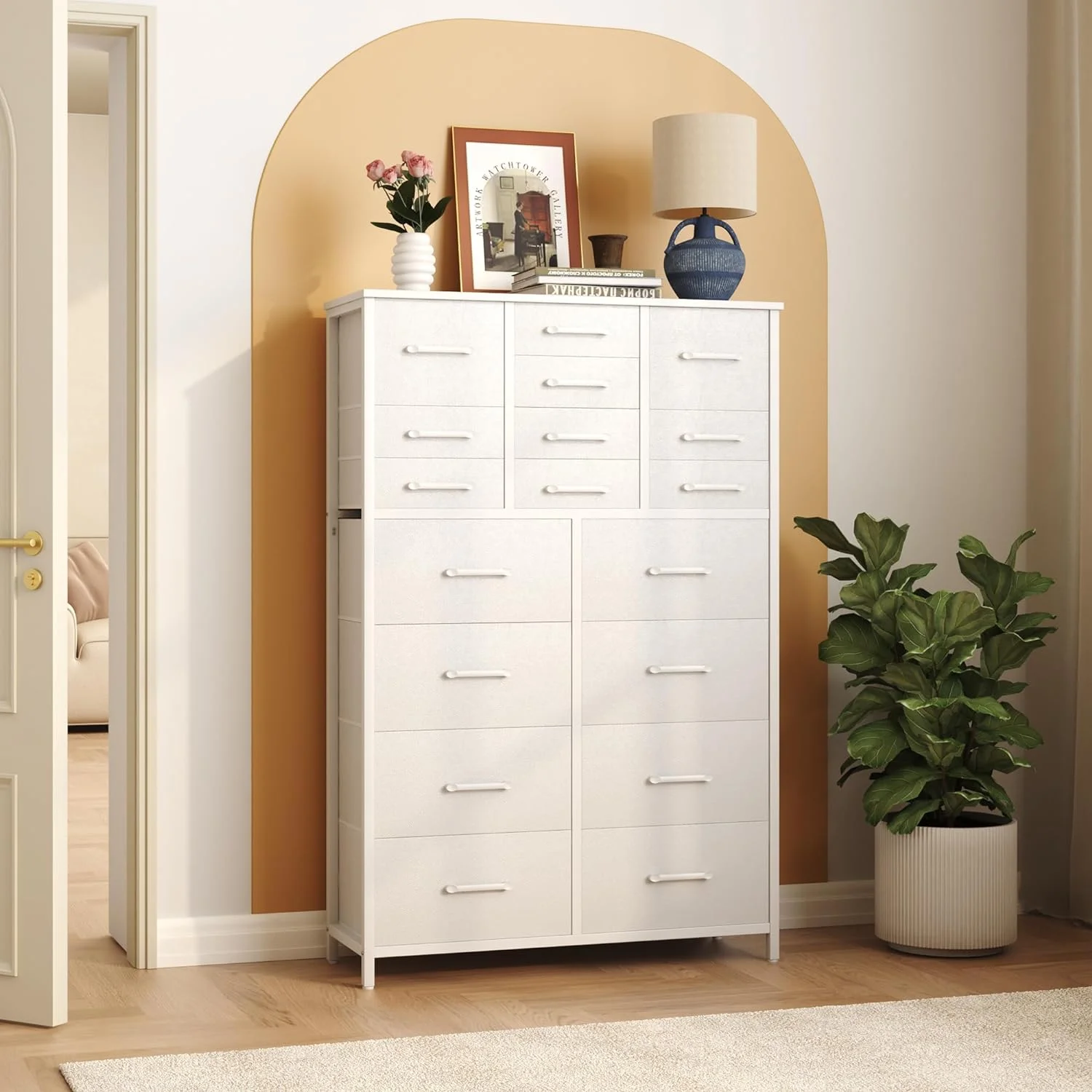 HOMEFORT 18 Drawer Dresser for Bedroom, 57" Tall Fabric Chest of Drawers, Large Capacity Storage Organizer Tower for Closet, Living Room, Hallway, Entryway, White