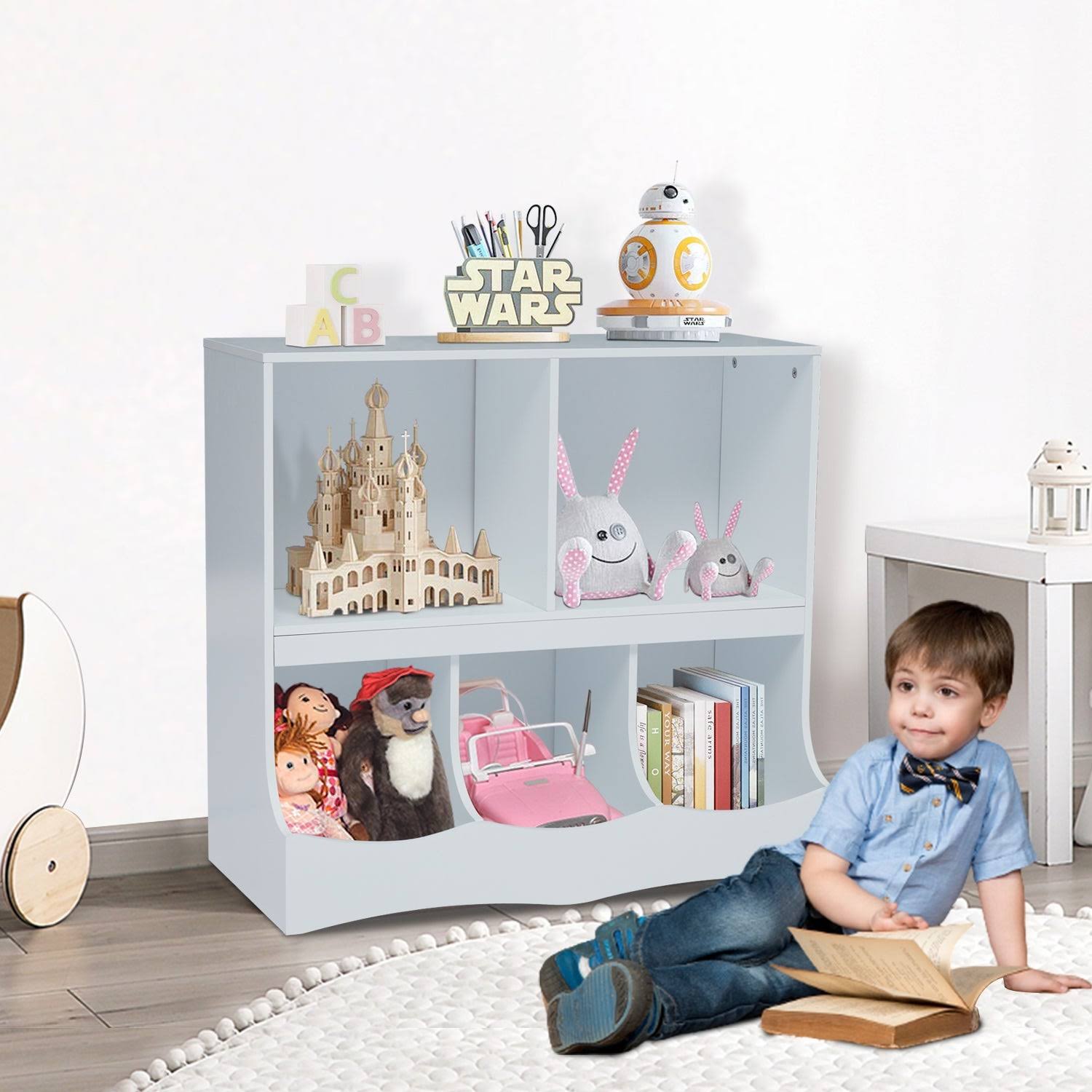 Kinbor Kids Multi-Bin Storage Organizer Cabinet Bookcase with 2 Shelf and 3 Bin Cubby Unit for Children Playroom, Decor Room - W