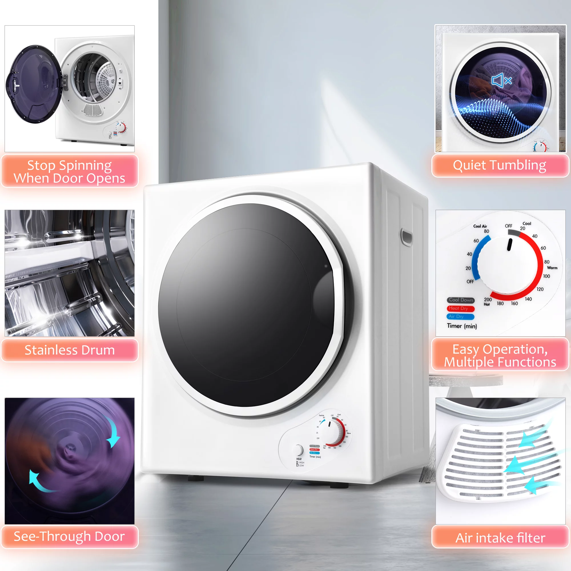 iRerts Compact Laundry Dryer, 850W Portable Clothes Dryer with 5 Drying Modes, Stainless Steel Tub and Wall Mount Kit, Front Load Electric Clothes Dryer Machine for Apartments, Dormitory, RVs, White