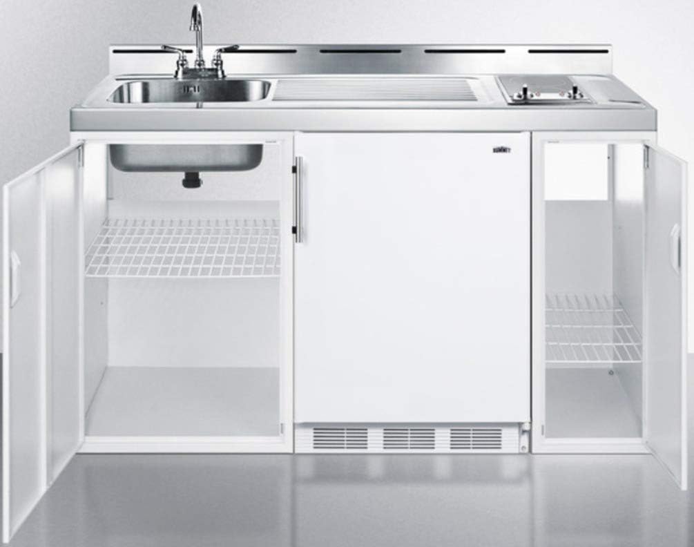 Summit Appliance C60ELGLASS 60" Wide All-In-One Kitchenette; 5.1 cu.ft; Complete One-piece Kitchenette; Refrigerator-freezer Included; 2-Burner Ssmooth-top Cooktop; 115V