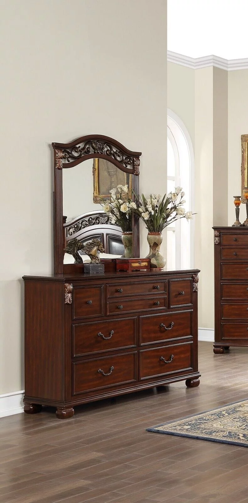 Royal Gorgeous Traditional Est King Size Bed Dresser Mirror Chest Wooden Brown Finish 4p Set Bedroom Furniture