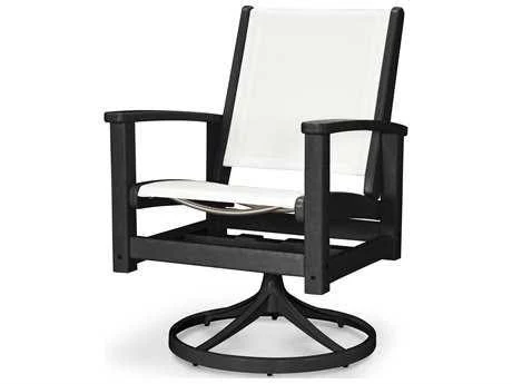 POLYWOOD Coastal Swivel Rocking Chair in Textured Black / Slate Grey / Metallic Sling