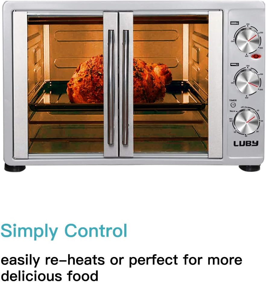 LUBY Large Toaster Oven Countertop, French Door Designed, 55L, 18 Slices, 14'' pizza, 20lb Turkey, Silver