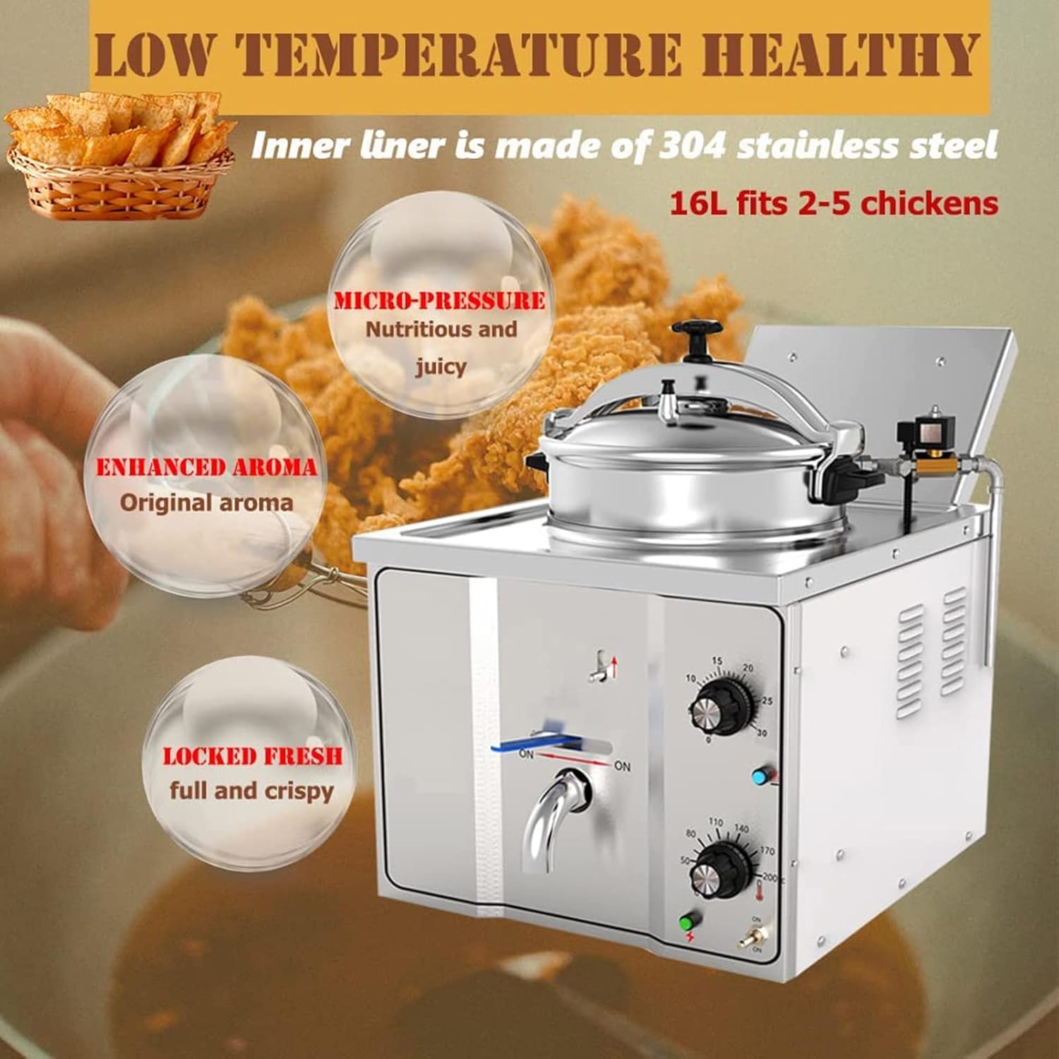 16L Electric Countertop Pressure Fryer 304 Stainless Commercial Electric Countertop Pressure Fryer Chicken Fish Pressure Fryer Machine With Large Oil Tank For Restaurant Snack Shops 2400W, 20240301