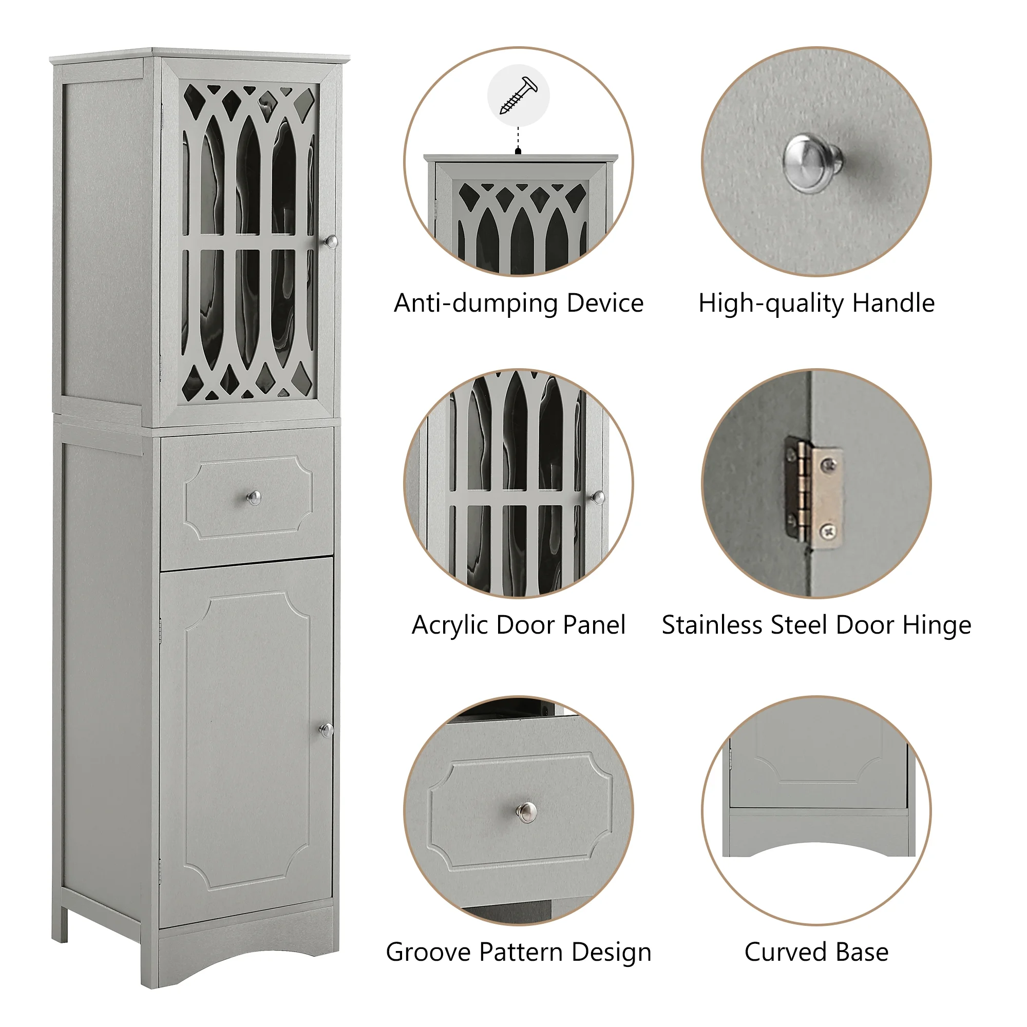 Modern Tall Bathroom Storage Cabinet with Doors Drawers, Wood Floor Freestanding Organizer for Bedroom Living Room