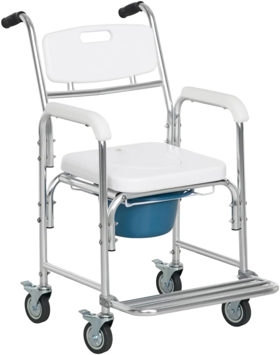 Rolling Shower Wheelchair with Commode, 4 Lockable Wheels - Adjustable for Adults, Elderly, Inside Shower Use, WHITE
