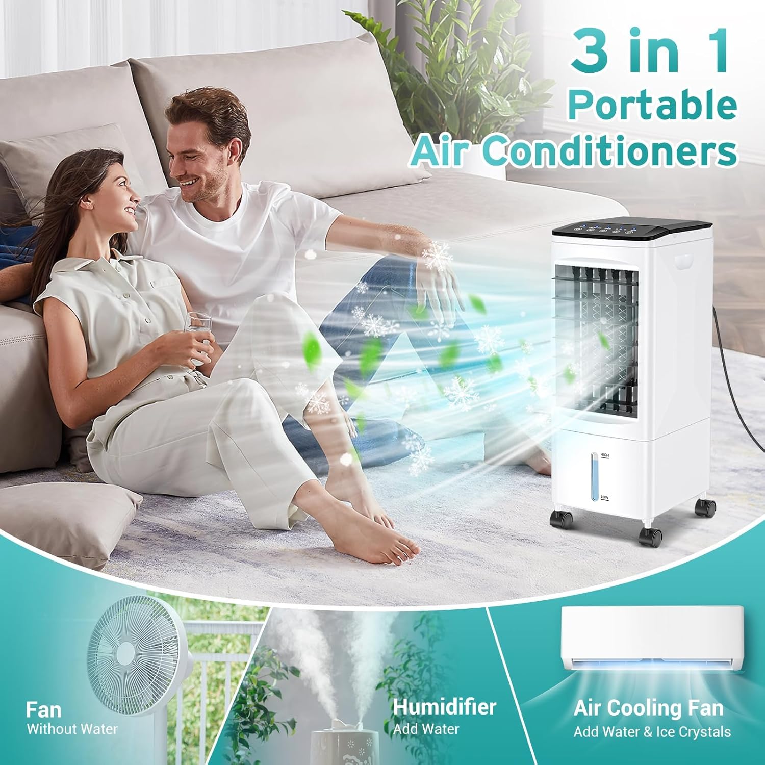 Portable Air Conditioners, 3 IN 1 Air Conditioner Portable Swamp Cooler with 3 Ice Box, Quiet Evaporative Air Cooler Windowless, 3 Speeds, Timer, 6L Water Tank, Portable AC for Room Office