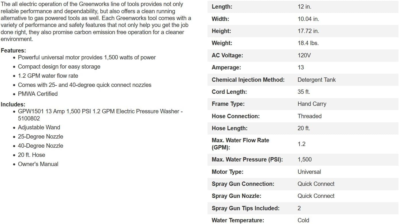 Greenworks 1500 PSI 1.2 GPM Pressure Washer (Upright Hand-Carry)