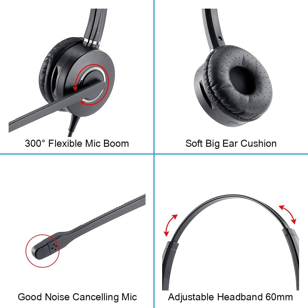Call-Center USB-Headset with Microphone Binaural UC Computer-Headphone - Noise Cancelling Mic&Mute PC Teams Skype for Business Pack of 2