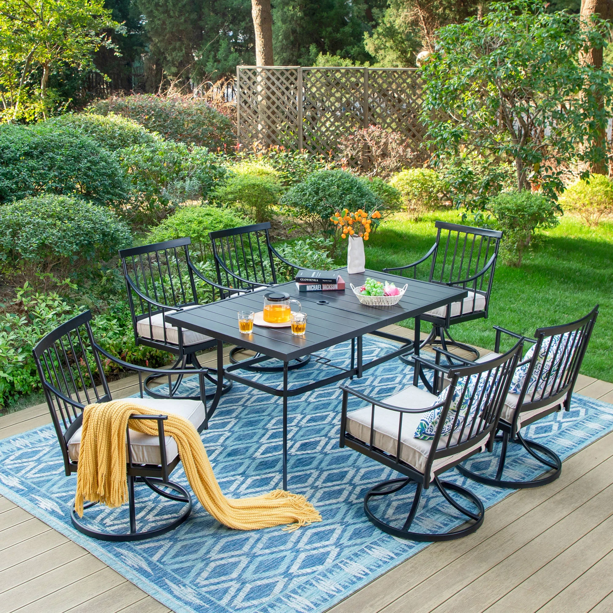 MF Studio 7-Piece Outdoor Dining Set with 6 Swivel Cushioned Chairs & Rectangular Table for 6-Person, All-Weather Metal Steel Furniture,  Black & Beige