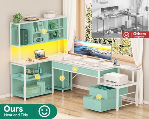 AODK 71 inch L Shaped Desk with File Drawers, Reversible L Shaped Gaming Desk with Power Outlets & LED Lights, Computer Desk with Storage Shelves for Home Office, Black