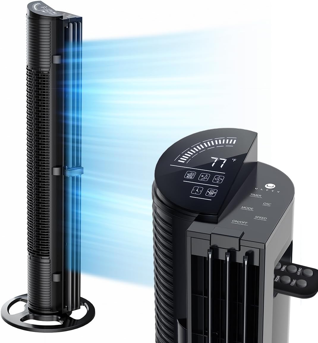 U ULTTY Tower Fan for Bedroom, 30ft/s Velocity Quiet Floor Fan, 60° Oscillating Fans for Indoors with 6 Speeds, 4 Modes, 15H Timer, Standing Fans, 40 inch Bladeless Fan for Home, Living Room, Black