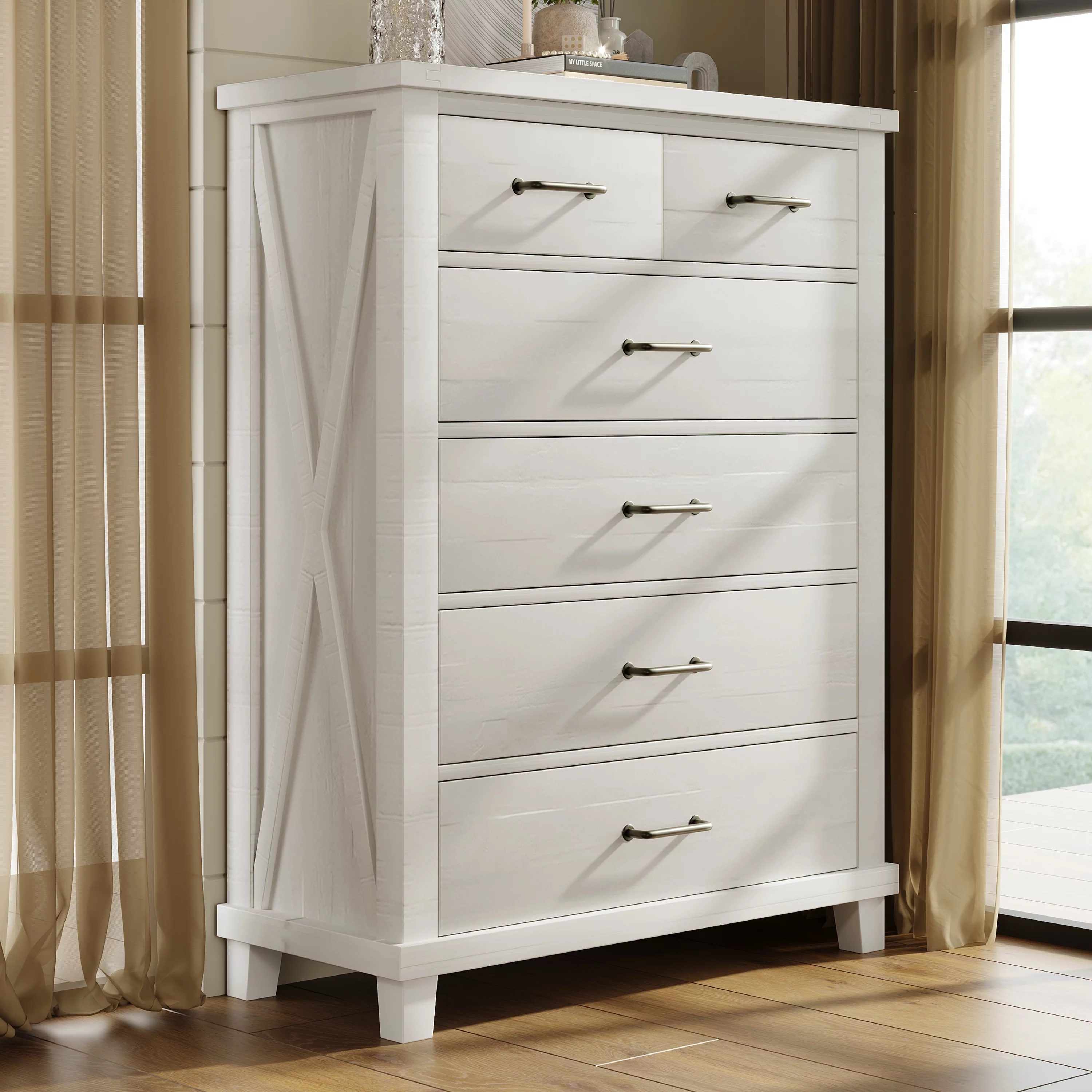 Rustic Farmhouse Style Solid Pine Wood Six-Drawer Chest Tallboy for Bedroom, Living Room, White