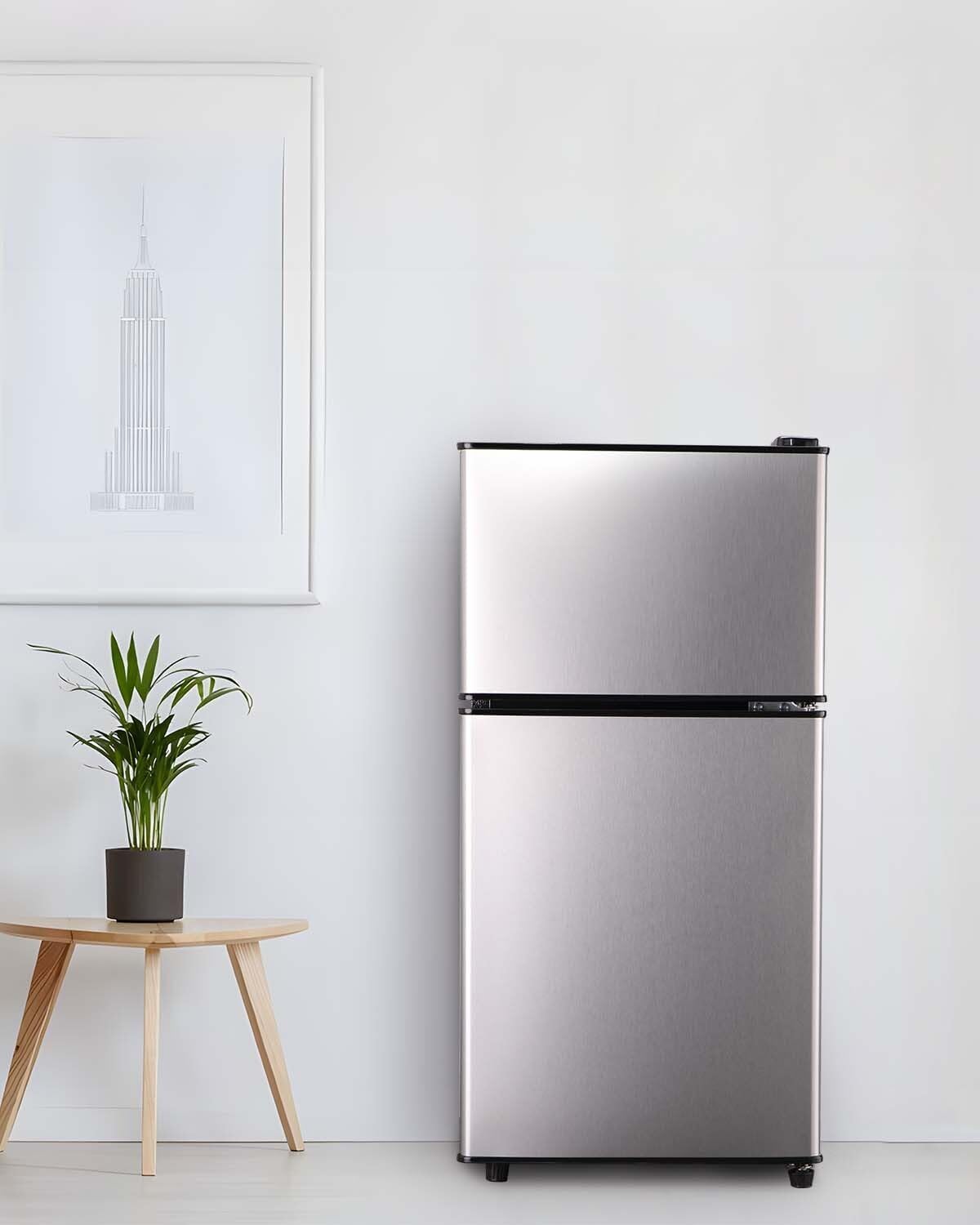 3.5 Cu.Ft Mini Fridge with Freezer, Double Door, Small Refrigerator,7-Level Adjustable Thermostat, Quiet Mini Fridge for Bedroom, Dorm, Office, Apartment Silver