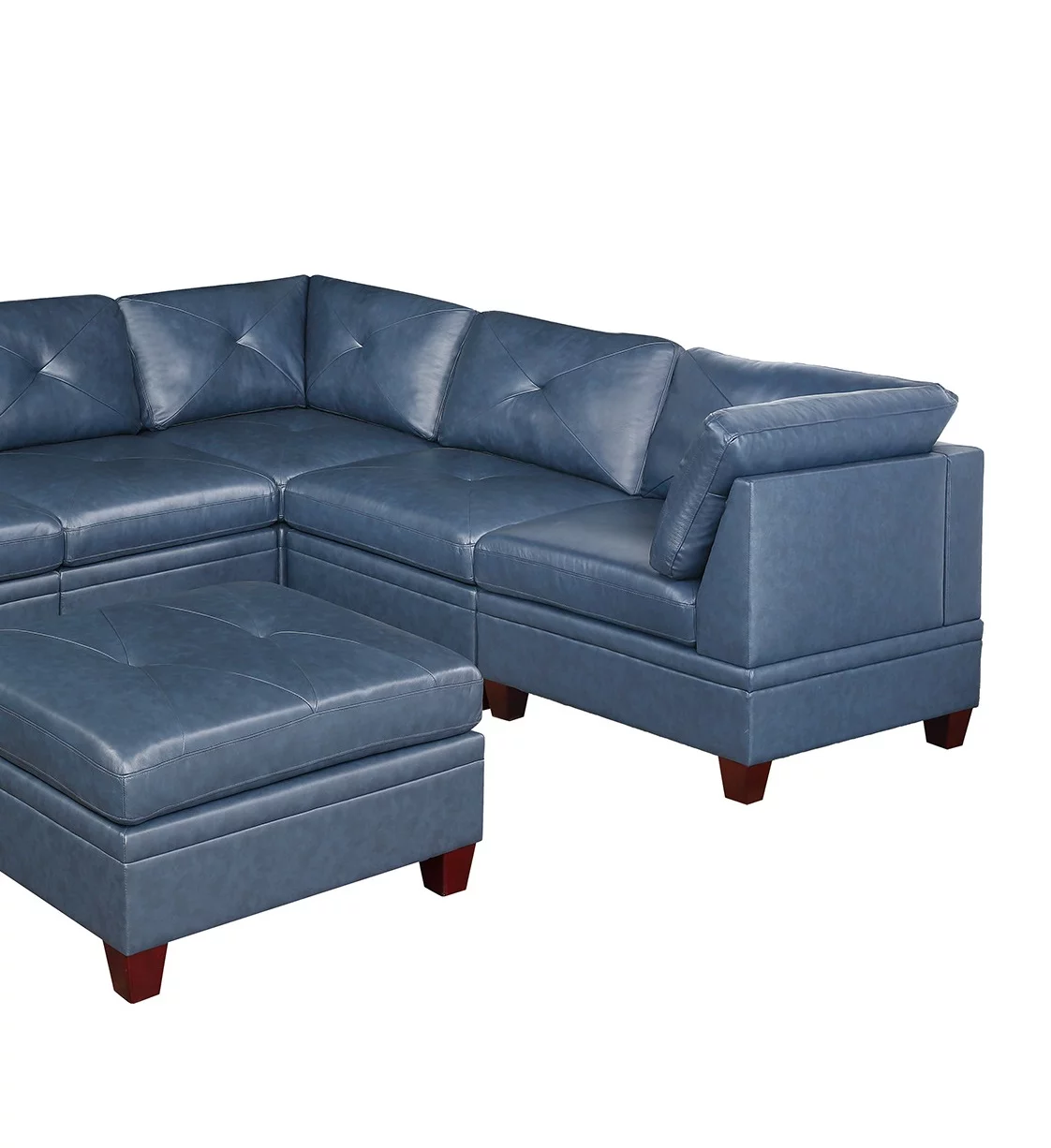 Ink Blue Top Grain Leather 7pc L-Sectional Sofa Contemporary Living Room Furniture Wedge Ottoman Armless Chair Cushion Couch
