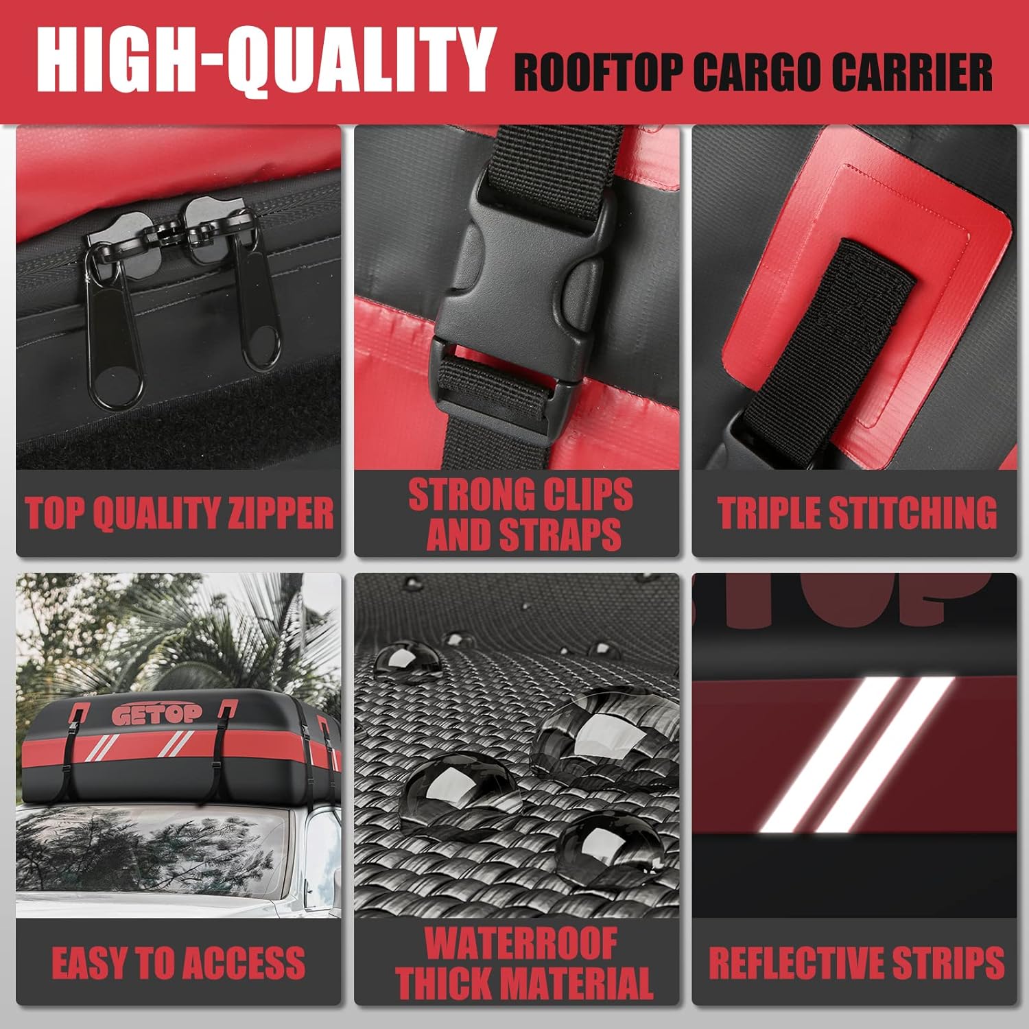 21 Cubic Feet Rooftop Cargo Carrier Bag Waterproof,GETOP 730D Car Roof Bag Heavy-Duty Soft-Shell for All Car with/Without Rack,with Non-Slip Mat, 6 Door Hooks，Lock，Storage Bag(Red)
