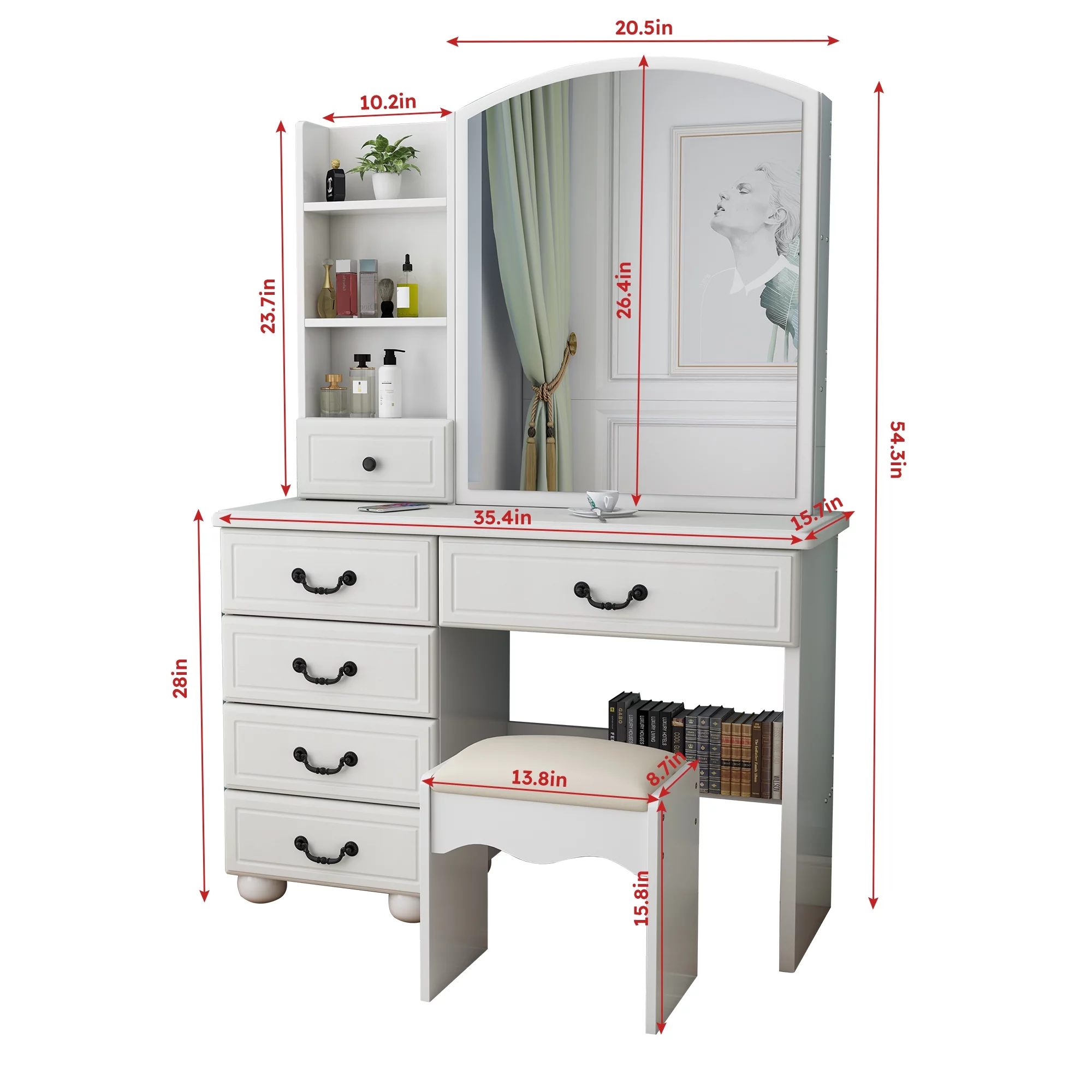 Leavader Vanity Desk with Mirror and Led Lights, Makeup Vanity Table Set with 3 Color Lighting Brightness Adjustable, 6 Drawers, White Color Dress Vanity Table