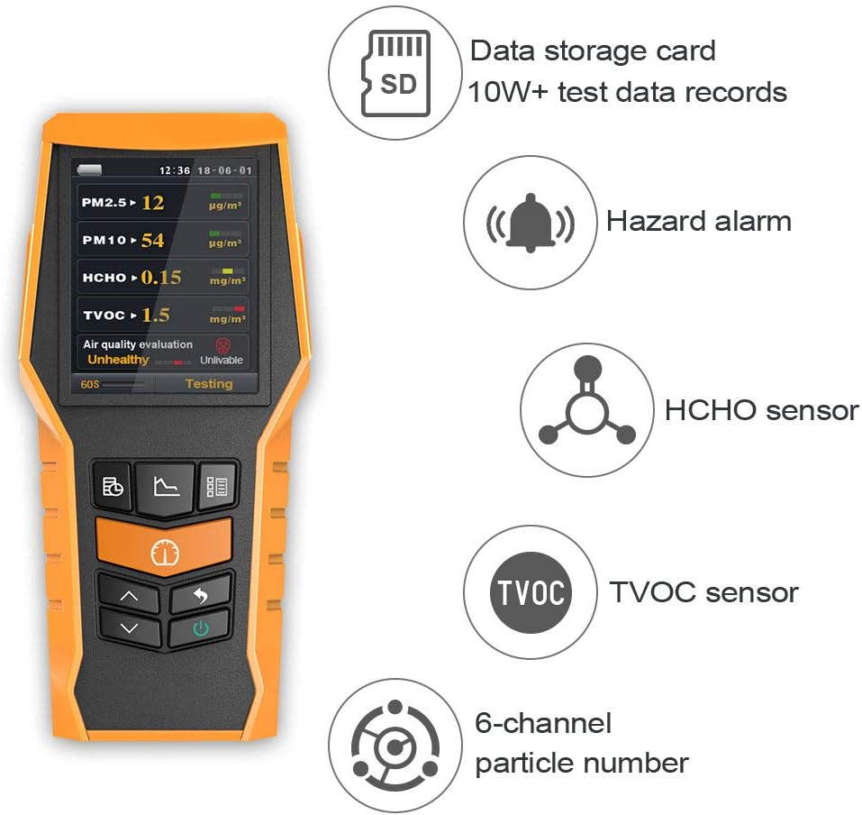 Smart 126s Air Quality Monitor Indoor TVOC Tester PM2.5 Dust Meter Formaldehyde HCHO Detector PM1.0 PM10 VOCs Particle Test Pollution Home AQI Indicator Data Record
