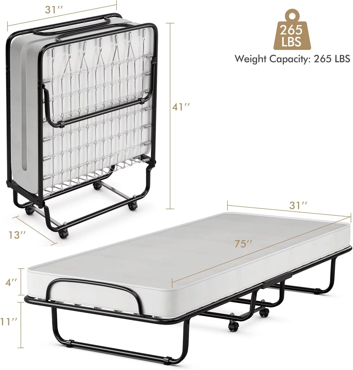 Folding Bed with Mattress Memory Foam, Bed w/Sturdy U-Shaped Metal Bed Frame, 4 Universal Wheels, Portable Guest Bed, Easy Storage, Cot-Size Rollaway Single Bed, Made in Italy