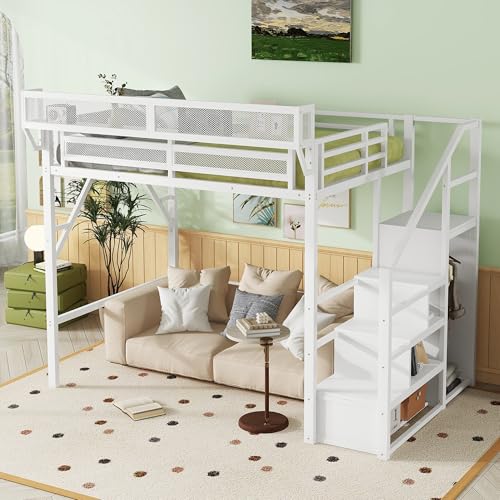 Full Size Loft Bed with Stairs and Storage, Metal Loft Bed Frame with Bedside Shelf and Large Under-Bed Space, Heavy-Duty Bed for Adults Teens and Kids, Black