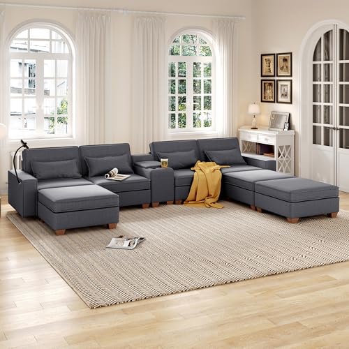 Modular Sectional Sofa, Convertible U Shaped Sofa Couch with Central Console & USB Ports, 7 Seat Modular Sectionals Couch with Chaise and Storage for Living Room, Light Grey