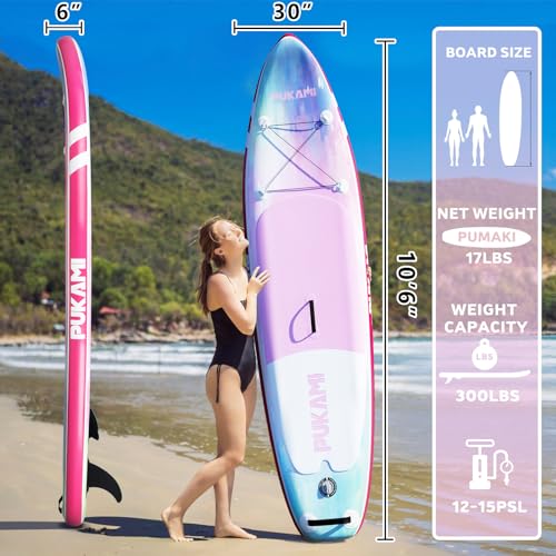 PUKAMI Inflatable Paddle Board for Adults,10.6' Stand Up Paddle Board with Premium SUP Accessories & Carry Bag,Paddle,Pump,Leash,Wide Stable Design,Non-Slip Deck,Surf Control for Youth