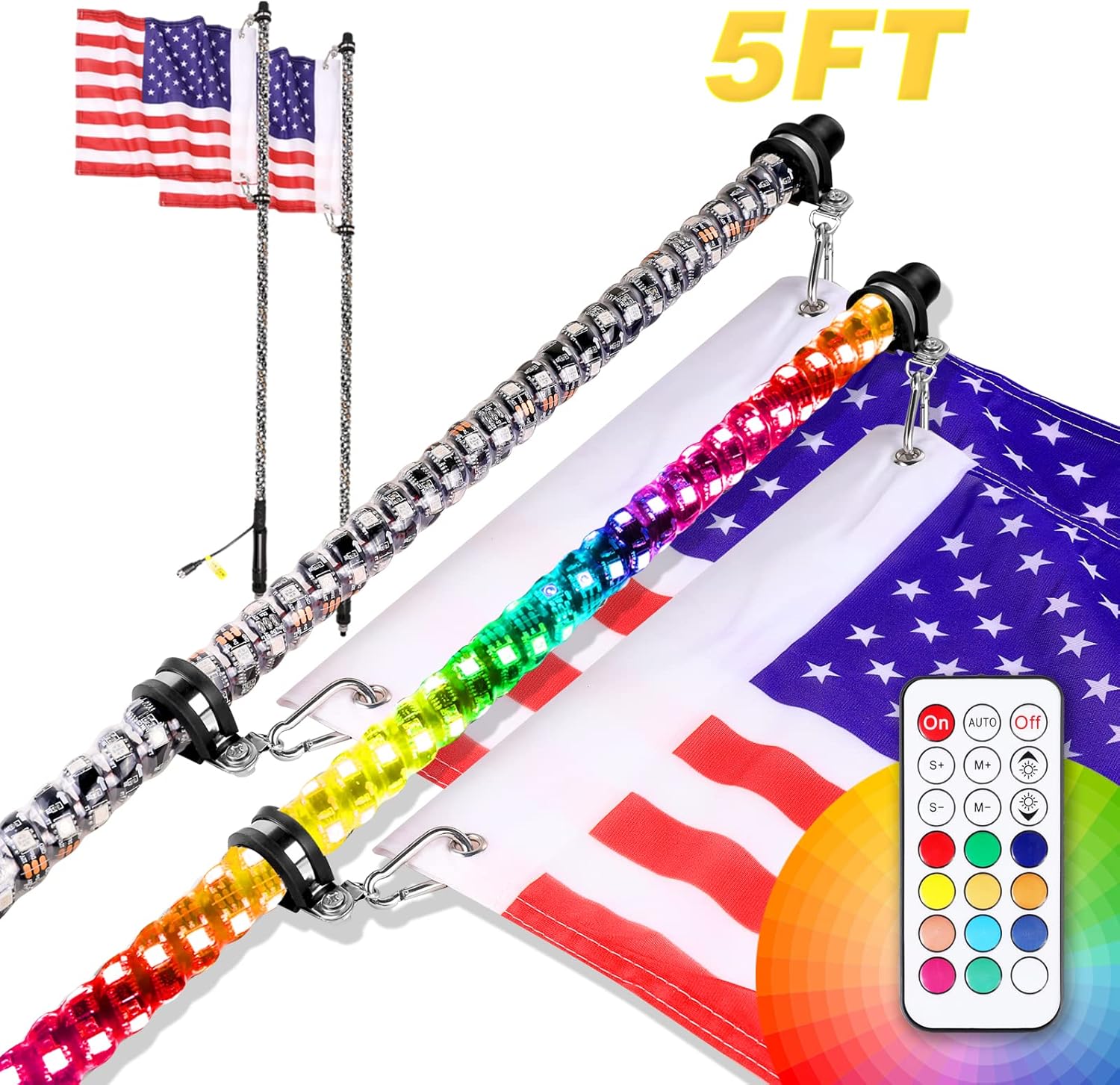 LED Whip Lights, Teochew-LED 2 Pack 5FT RGB Whips Light RGB Chasing Antenna Light Spiral Whip Lights for ATV UTV SXS RZR 4X4 Polaris Truck