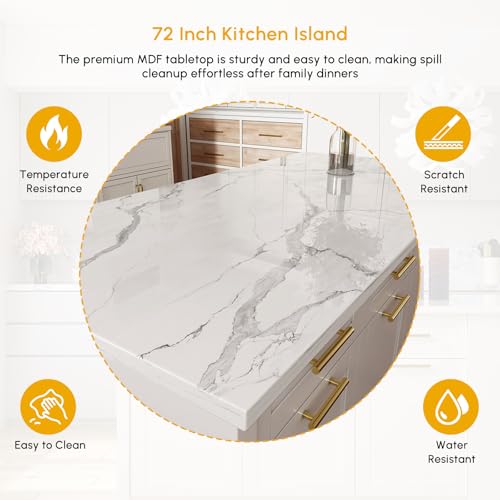 homary 72'' Kitchen Islands with Storage Modern White Kitchen Table with Seating & 3 Drawers Dining Table