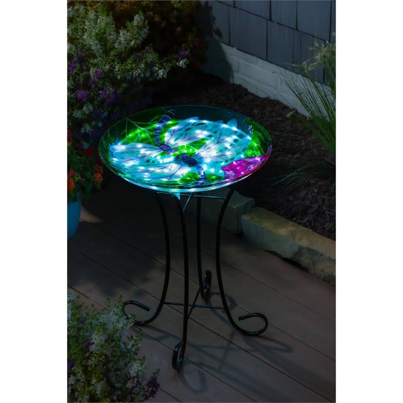 Dragonfly Duo Solar Hand Painted Embossed Glass Bird Bath with Stand