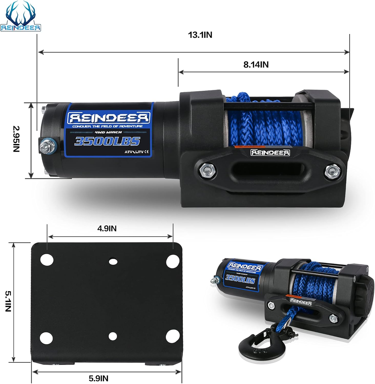 REINDEER New 12V Winch 3500 lb Load Capacity Electric Winch Kit Synthetic Rope with Hawse Fairlead Waterproof IP67 with Wireless Remotes
