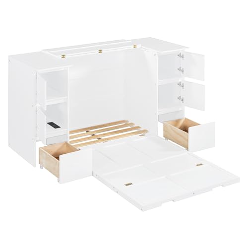 Twin Size Murphy Beds with Charging Station and Storage Drawers, Wood Cabinet Bed Frame, Wall Bed with Outlet & USB Ports for Home Office Studio, White