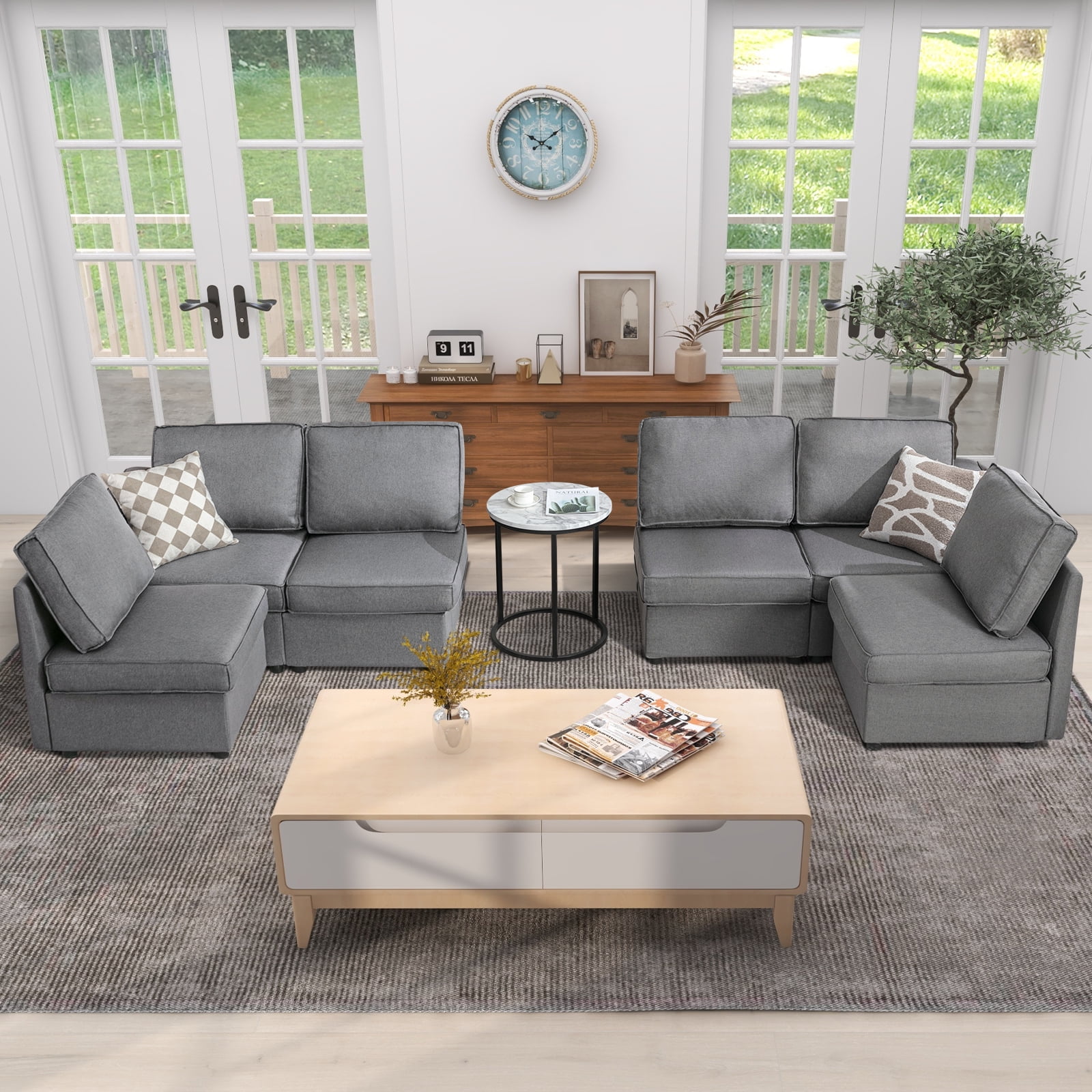 Bonzy Home U-Shaped Sectional Sofa with Storage and Reversible Chaises,Light Grey