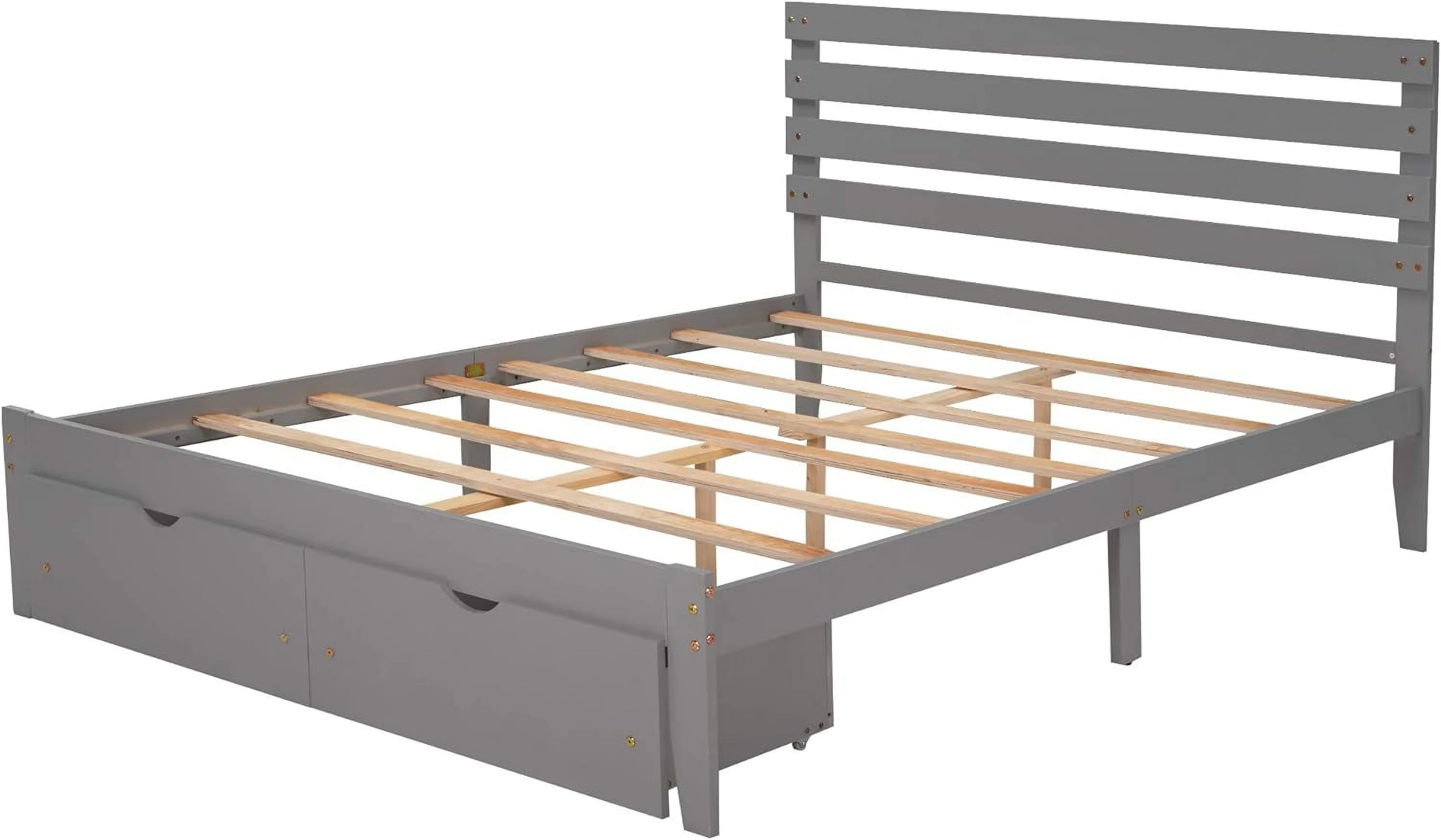 Queen Bed Frame, Queen Platform Bed With Storage Drawers, Wood Platform Bed Frame With Headboard, Wood Slats Support, No Box Spring Needed, Easy Assembly, Grey