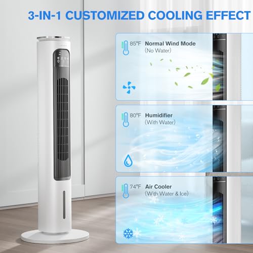 3-IN-1 Portable Air Conditioners Tower Fan, Evaporative Air Cooler w/Remote, 2.5L Water Tank With 4 Ice Packs, 12H Smart Timer & 70° Oscillating, 3Speeds For Bedroom Living Room Office