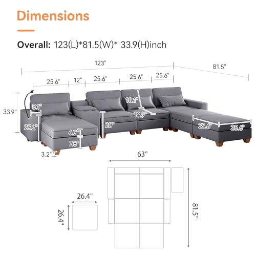 Modular Sectional Sofa, Convertible U Shaped Sofa Couch with Central Console & USB Ports, 7 Seat Modular Sectionals Couch with Chaise and Storage for Living Room, Light Grey