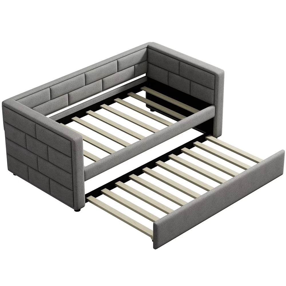 Twin Daybed with Trundle, Upholstered with Storage Drawers, Wood, No Box Spring Needed, Gray