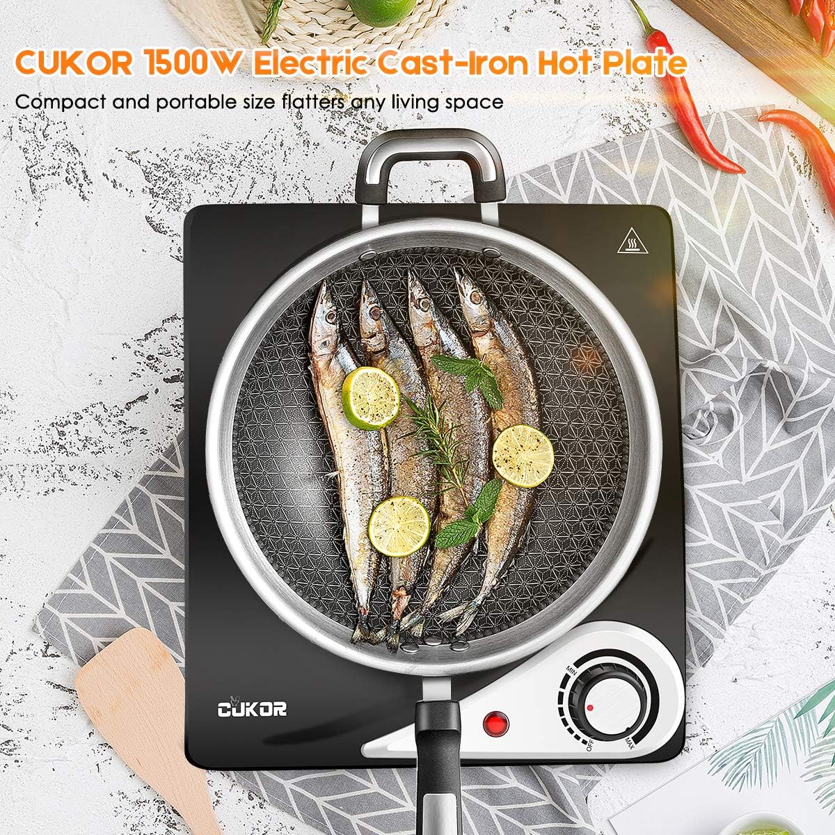 CUKOR Hot Plate,Electric Single Burner for Cooking,1500W Portable Electric Stove,cast-iron,Stainless Steel Non-Slip Rubber Feet