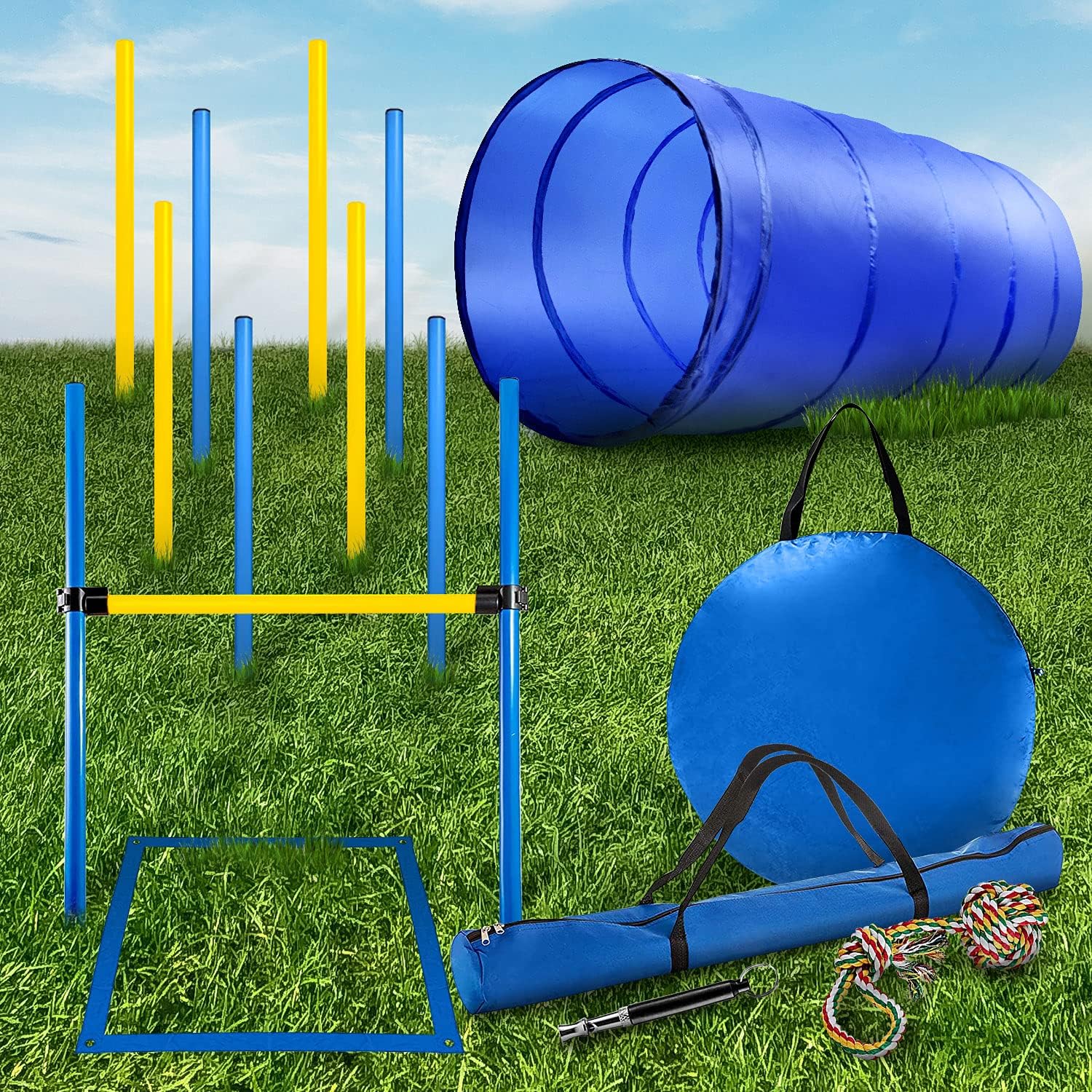 CHEERING PET Dog Agility Training Equipment, 28 Piece Dog Obstacle Course, Training and Interactive Play Includes Dog Tunnel, Adjustable Hurdles, Poles, Whistle, Rope Toy with Carrying Case