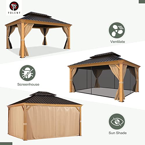 YOLENY 10' x 12' Hardtop Gazebo, Wood-Looking Gazebo with Galvanized Steel Double Roof, Aluminum Frame, Permanent Metal Pavilion with Netting and Curtains for Deck, Backyard, Patio and Lawns