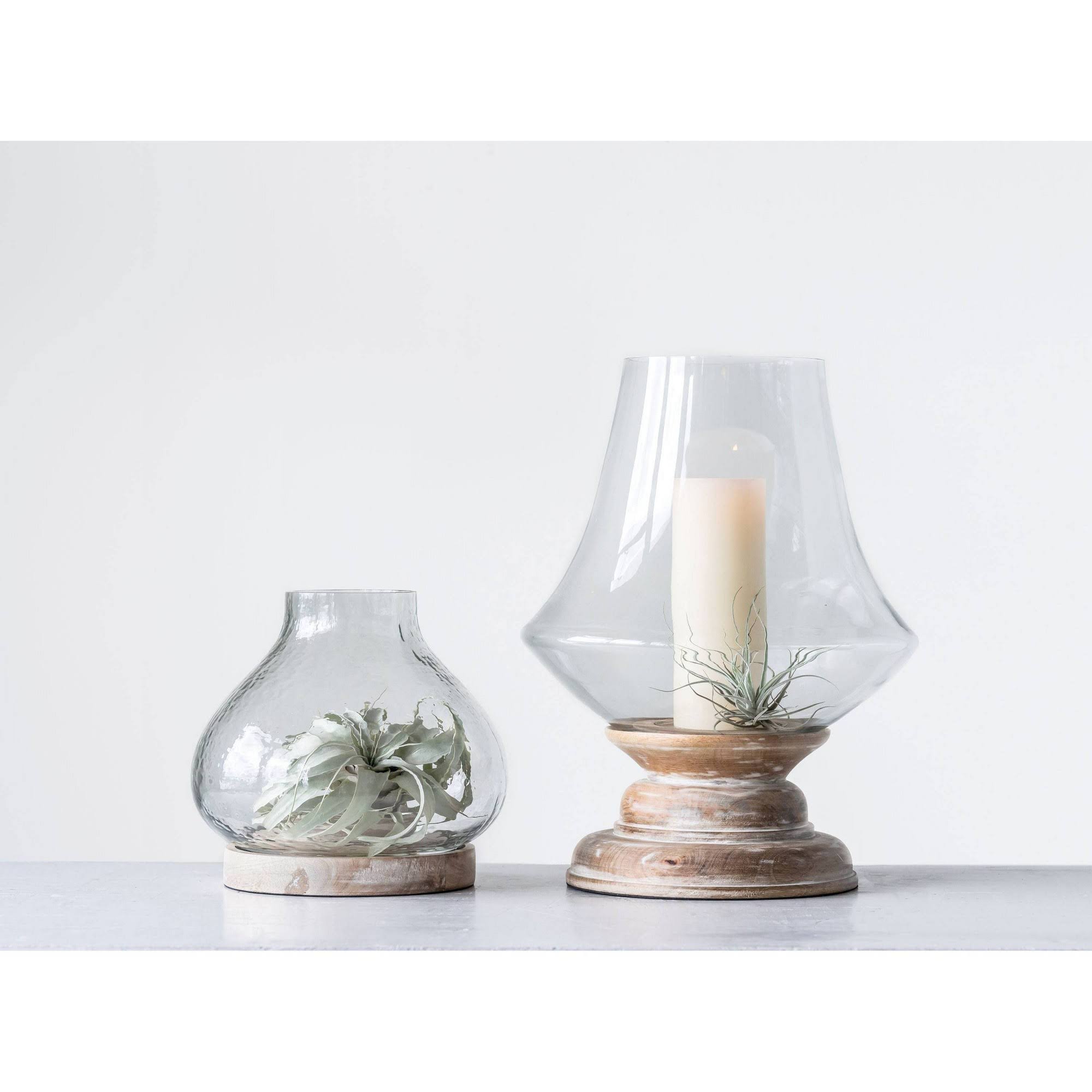 3R Studios Whitewashed Mango Wood and Clear Handblown Glass Hurricane Candle Holder