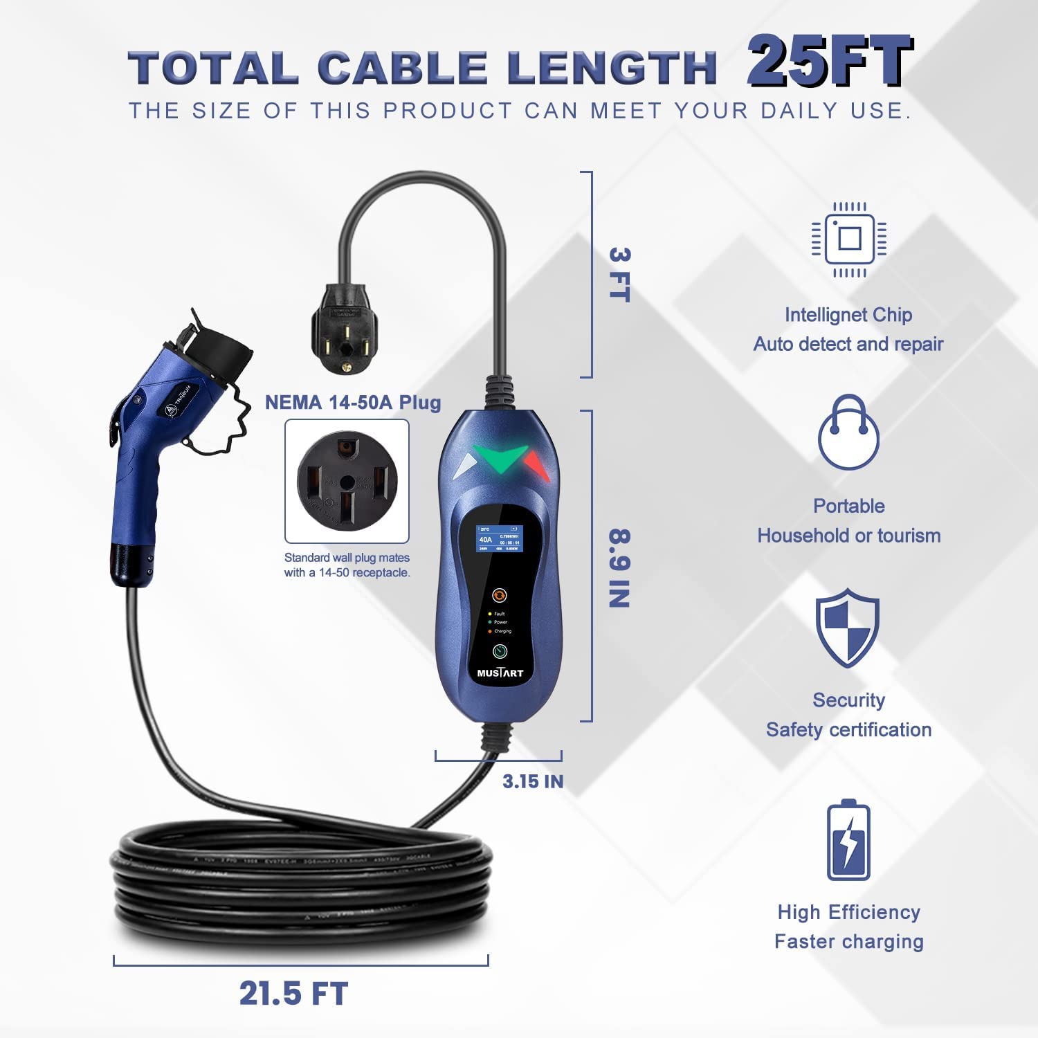 MUSTART Level 2 Portable EV Charger (240 Volt, 25ft Cable, 15/25/40 Amp Adjustable) Electric Vehicle Charger Plug-in EV Charging Station with Delay Function (NEMA 14-50P)