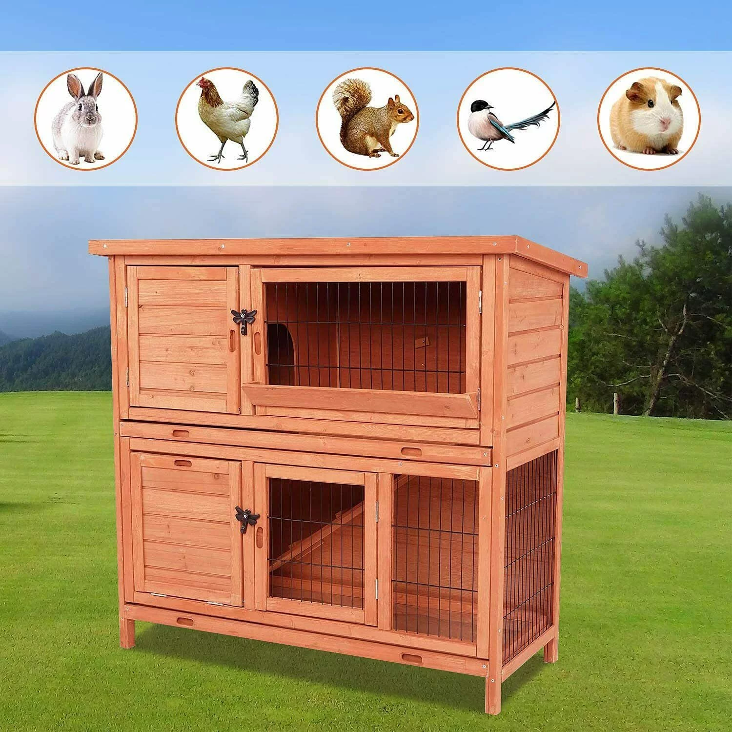 Pirecart 42.3" Wooden Rabbit Hutch, Backyard Bunny Cage W/ Removable Tray - Curated Treasures Market