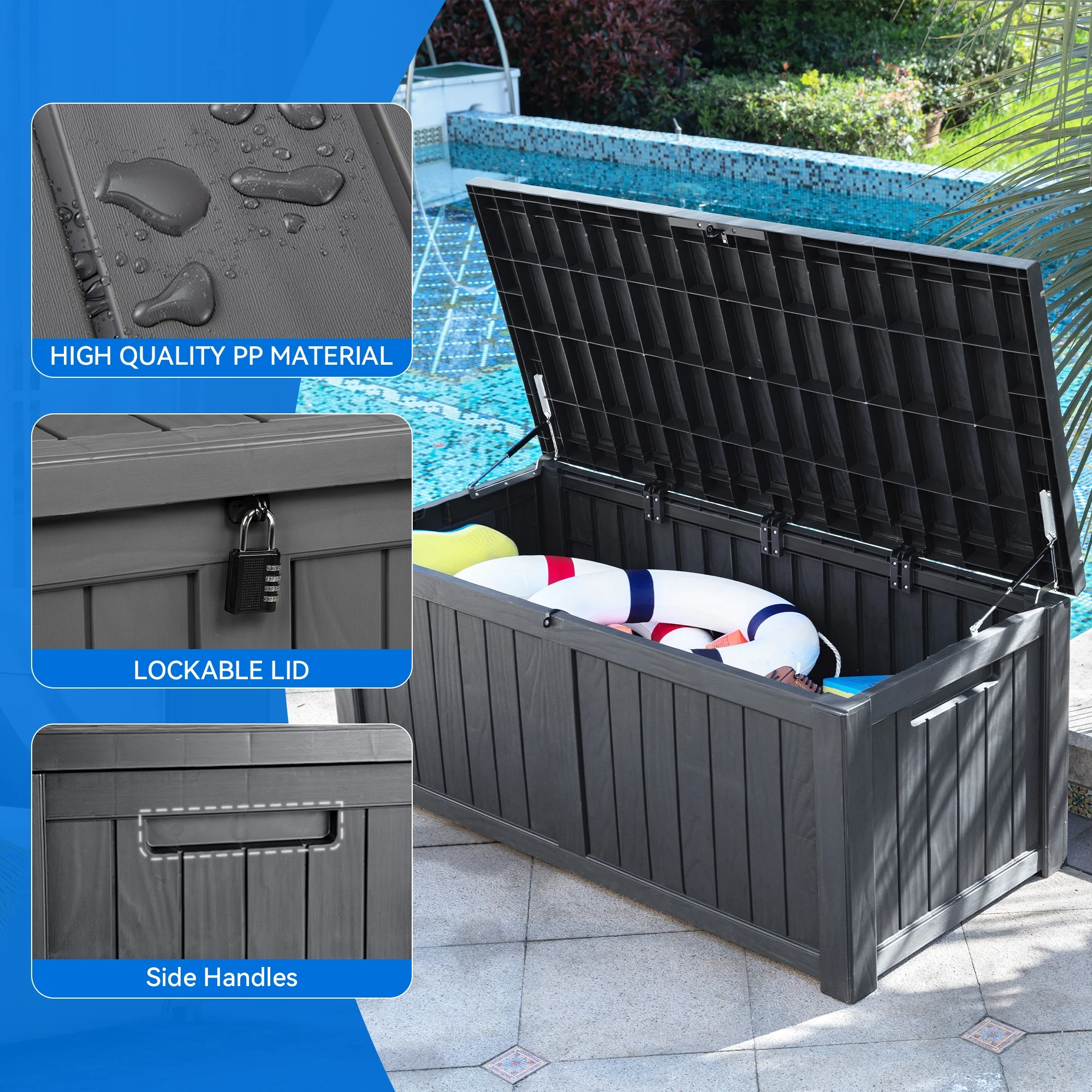 Dextrus Outdoor Storage Deck Box 120 Gallon - Large Resin Patio Storage for Outdoor Pillows, Garden Tools and Pool Supplies - Waterproof and Lockable (Dark Grey)