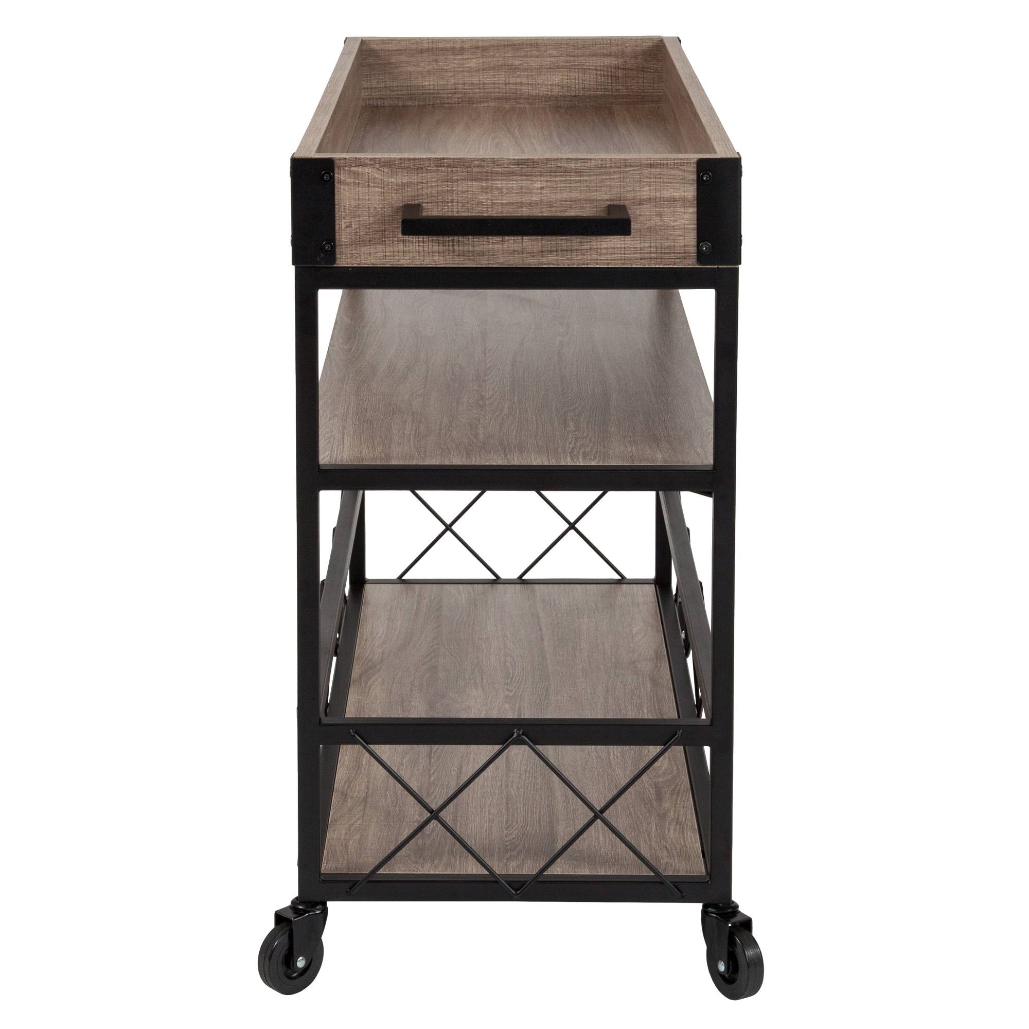 Emma and Oliver Light Oak Wood Kitchen Bar Cart, Stemware Rack and Locking Casters