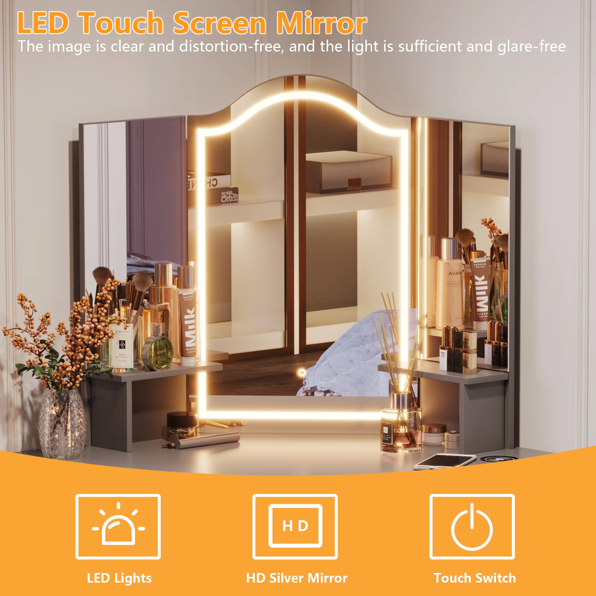 LVSOMT Makeup Vanity Desk with 3 Lighting Options, Dressing Table with Charging Station, Vanity Set with 4 Cabinets, Shelves and Stool, Corner Vanity for Women Girls, White