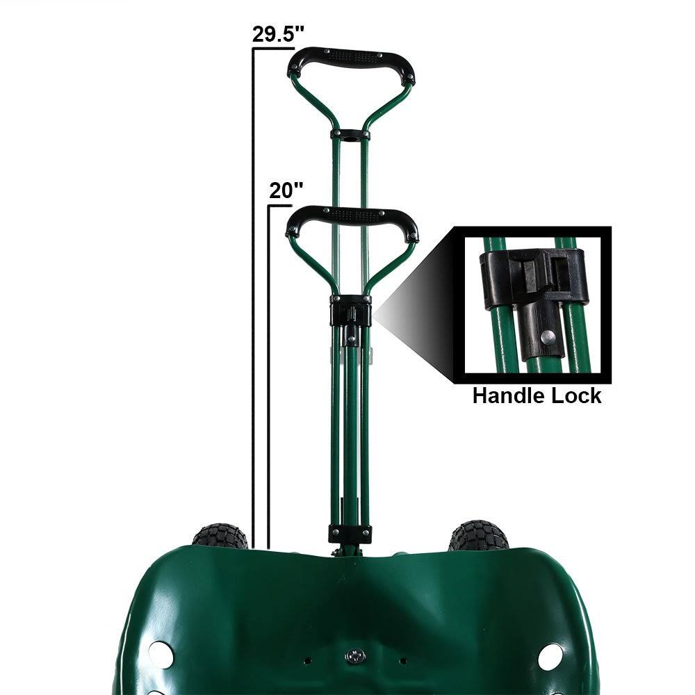 Sunnydaze Green Rolling Garden Cart with Extendable Steering Handle, Swivel Seat u0026 Basket